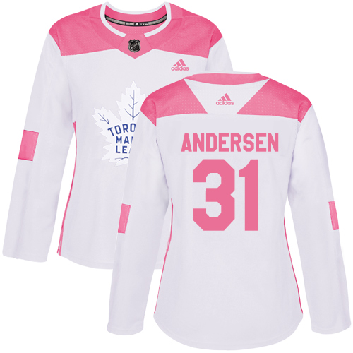 Adidas Maple Leafs #31 Frederik Andersen White/Pink Authentic Fashion Women's Stitched NHL Jersey - Click Image to Close